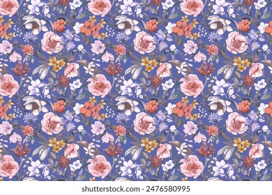 Elegante patrón de moda en flor de escala Pequeña. Millefleurs. Estilo Liberty. Fondo sin costura floral para textil, tela de algodón, cubiertas, fabricación, Fondos de pantalla, impresión, regalo, scrapbooking.