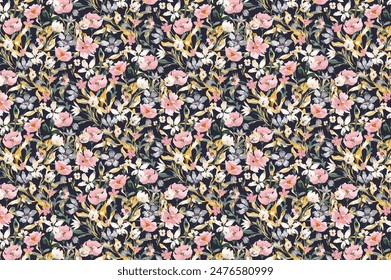 Elegant trendy pattern in small-scale flower. Millefleurs. Liberty style. Floral seamless background for textile, cotton fabric, covers, manufacturing, wallpapers, print, gift, scrapbooking.