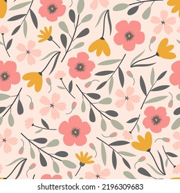 Elegant trendy vector ditsy floral seamless pattern design of beautiful abstract flowers and leaves. Foliage repeat texture background. Suitable for wallpaper, surface printing and textile