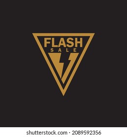 Elegant triangle logo icon of flash sale with simple text inside and lightning negative space isolated on black background perfect to decorate your web or landing page to attract more customer