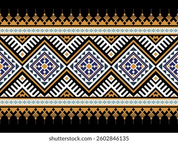 Elegant tribal geometric pattern with blue, gold, black, and white tones. Inspired by traditional ethnic designs, perfect for fabric, wallpaper, and digital backgrounds.