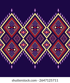 Elegant tribal textile design with symmetrical diamonds, soft feathers, and bold colors. Perfect for digital prints and modern fashion collections.