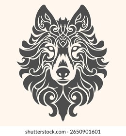Elegant tribal wolf head vector in ornate, symmetrical style. Ideal for tattoos, logos, apparel, and digital design. Powerful animal symbol with intricate decorative swirls and bold silhouette.