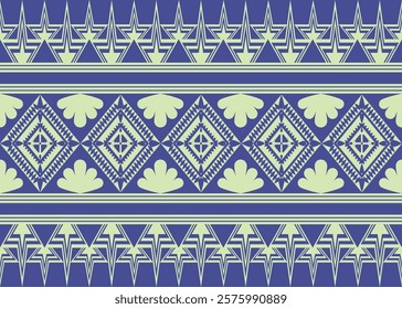 Elegant tribal-inspired geometric pattern featuring diamond shapes, star motifs, and abstract floral elements in soft green and navy blue tones. This seamless design is perfect for backgrounds