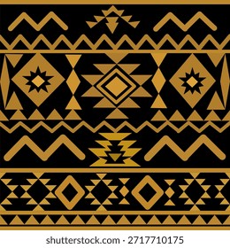 Elegante patrón geométrico de inspiración tribal con Formas con textura dorada sobre un fondo negro profundo. El diseño incluye diamantes simétricos, zigzags, triángulos y motivos étnicos, creando un estilo textil decorativo audaz y lujoso. Ideal para fondos, Fondos de pantalla, estampados de telas, branding, packaging y proyectos de diseño cultural.
