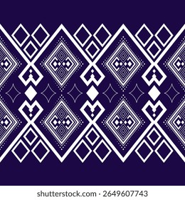 Elegant tribal-inspired geometric pattern in white over a deep purple background. Features diamond shapes and angular motifs, ideal for digital print, textile design, or fashion products.
