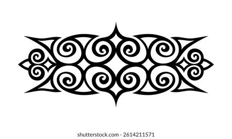 Elegant tribal-style ornamental vector featuring bold black swirls and symmetrical curls inspired by Central Asian decorative art. 