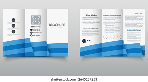Elegant trifold brochure template with layered blue geometric waves, designed for professional business use, corporate identity, and marketing campaigns