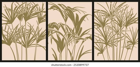 Tríptico elegante de plantas delgadas: follaje verde oliva minimalista con intrincados patrones sobre fondo beige - Paneles de Vertical armoniosos para una estética naturalista