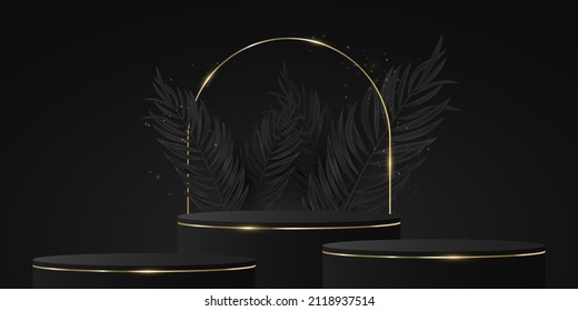 Elegant Tropical 3d Vector Podium With Palm Tree Leaves. Gold And Black Pedestal. Scene For Fashion Presentation. Cover For Sale. Vector Illustration. EPS 10