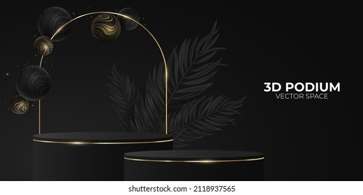 Elegant tropical 3d vector podium and abstract geometric shapes with wavy pattern. Gold and black pedestal. Palm tree leaves. Scene for fashion presentation. Vector illustration. EPS 10