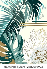 Elegant Tropical Botanical Art with Gold Accents. Stylish Palm Leaves and Exotic Flowers. Modern Jungle-Inspired Illustration for Posters, Prints, and Interior Decor. 