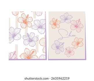 Elegant tropical floral cards with orange, lilac, and pink hibiscus flowers on soft backgrounds. Includes handwritten Shine message. Perfect for summer designs or greeting cards.