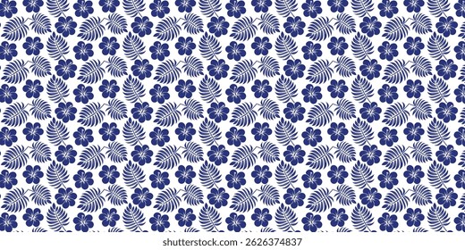 Elegante patrón de flores y hojas tropicales en azul profundo sobre blanco