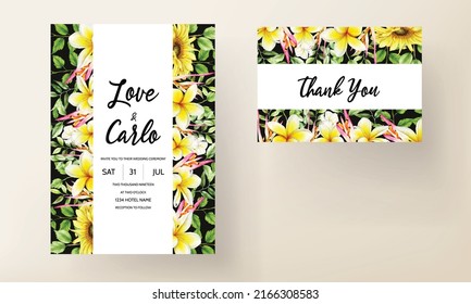 elegant tropical flower and leaves wedding invitation card