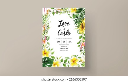 elegant tropical flower and leaves wedding invitation card
