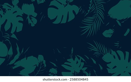 Elegant Tropical Foliage Backdrop, Minimalist Design Featuring Deep Blue and Teal Green Tones for Modern and Sophisticated Aesthetics