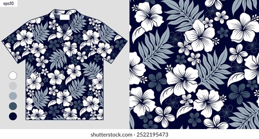 Elegant Tropical Hibiscus Flowers Seamless Pattern on Hawaiian Shirt Mockup, Perfect for Aloha Summer Fashion Style, Inspiring Design and Apparel for Trendy Summer Beachwear