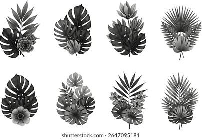 Elegantes arranjos de folhas tropicais, ilustrações botânicas de várias plantas e folhas para desenhos decorativos, com folhas de monstros em uma paleta monocromática sofisticada, e flores exóticas.