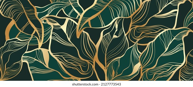 Elegant tropical leaf on green background. Golden and luxury philodendron leaves in gold and shining line art pattern. Premium wave line design for wallpaper, banner, covers, wall art, home decor.