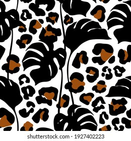 Elegant tropical leaves and cartoon leopard camouflage spots background. Abstract seamless pattern palm monstera, leaves, animal skin print. Vector art for surface design, fabric, wrapping, wallpaper