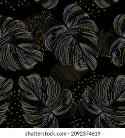 Elegant Tropical Pattern In Dark Colors. Seamless Graphic Design With Amazing Monstera Leaves.