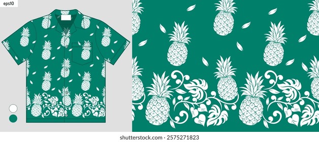 Elegant tropical pineapple, vine, and leaf seamless pattern for Hawaiian shirts, Perfect for Aloha summer style, beach clothing, summer fashion trends, vector art, not AI-generated.