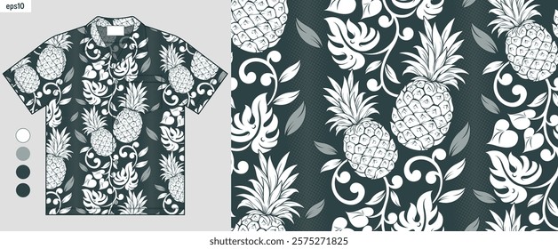 Elegant tropical pineapple, vine, and leaf seamless pattern for Hawaiian shirts, Perfect for Aloha summer style, beach clothing, summer fashion trends, vector art, not AI-generated.