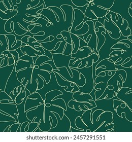 Elegant tropical seamless pattern with outlines of lush tropical leaves on a deep green background. Perfect for print, textile, and more!