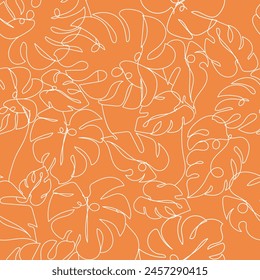 Elegant tropical seamless pattern with white outlines of lush tropical leaves on pastel orange background. Perfect for print, textile, and more!