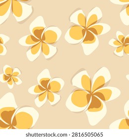 Elegant tropical seamless pattern of white and warm yellow frangipani blossoms on a soft beige background. Aesthetic floral vector illustration with stylized plumeria flowers, perfect for resort wear, spa branding, cosmetics packaging, and Hawaiian-themed decor.
