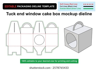 Elegant tuck end window cake box mockup with customizable dieline, window cake box, cake box mockup, dieline template, packaging design, food packaging, visual layout, Custom box dieline