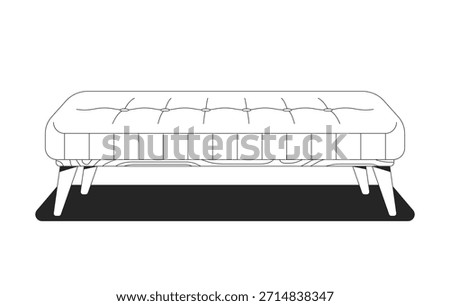 Elegant tufted bedroom bench 2D line object. Upholstered furniture. Cozy furnishing. Elegant seating. Soft cushion, wooden legs isolated clipart vector ink outline item. Monochrome spot illustration