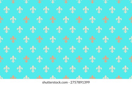 Elegant turquoise background featuring a repeating pattern of creamy and coral fleurdelis.