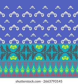  Elegant turquoise damask floral pattern seamlessly arranged on a deep blue background. Ideal for fabric prints, wallpapers, and interior decor.