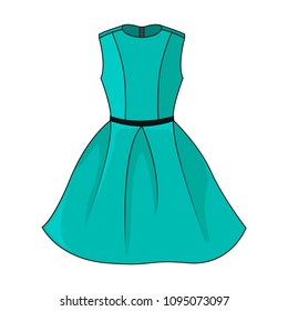 Elegant turquoise dress icon. Beautiful short turquoise dress with black/dark gray belt, isolated on white background. Festive dress without sleeves. Vector illustration, EPS10.