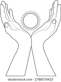 Elegant two hands holding sun outline vector illustration created in a clean and modern line art style. This meaningful black and white artwork beautifully represents hope, care, protection, positivity, peace, healing, spirituality, and human connection. The symbolic image of caring hands surrounding the sun creates a warm and inspiring visual concept that can express support, kindness, energy, harmony, and a brighter future.

The minimal monoline outline style gives the illustration a timeless and professional appearance while keeping the artwork simple, clean, and versatile. This high-quality editable EPS vector features smooth outline details and scalable resolution, allowing easy resizing and customization without losing quality. Suitable for both personal and commercial use in print and digital media.

Perfect for wellness centers, yoga studios, meditation content, charity campaigns, environmental awareness projects, motivational graphics, social media posts, posters, brochures, presentations, websites, logos, and branding materials. The isolated outline composition works beautifully in modern creative projects, spiritual themes, eco-friendly concepts, and inspirational visual communication. Compatible with various graphic software for easy editing, recoloring, and creative customization.