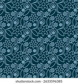 Elegant two-color floral art seamless pattern. Vector illustration for print, fabric, cover, packaging, interior decor, blog decoration and other your projects.
