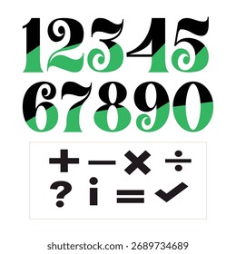 Elegant Two-Tone Number Vector Set: Decorative Black and Green Numerals with Math Symbols for Education, Finance, and Graphic Design.