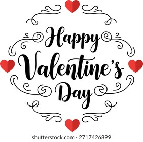 Elegante diseño de tipografía "Feliz día de San Valentín" con caligrafía moderna, florituras decorativas e iconos de corazón rojo. Letras limpias en blanco y negro con detalles rojos planos, perfectas para tarjetas de felicitación, carteles, Impresión a la carta, gráficos de redes sociales y obras de arte con temática navideña. Diseño de alta calidad adecuado para la conversión de Vector y el Uso comercial.