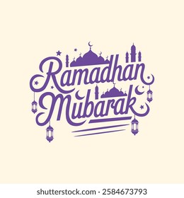 Elegant typography design featuring "Ramadhan Mubarak" with mosque silhouettes, hanging lanterns, crescent moon, and stars. Perfect for Ramadan, Eid celebrations, Islamic greeting cards, banners,