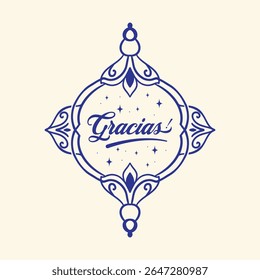 Design de tipografia elegante com a palavra Gracias com um belo ornamento floral. O design está em azul e transmite uma mensagem de gratidão.