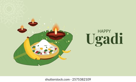 An elegant Ugadi celebration featuring traditional offerings on a banana leaf with a bowl of Ugadi pachadi (a dish made of raw mango, tamarind, and jaggery) alongside diyas (oil lamps). The greeting '