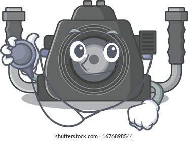An elegant underwater camera in a Doctor Cartoon character with tools