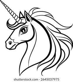 Elegant Unicorn Head Outline with Flowing Mane for Coloring or Design