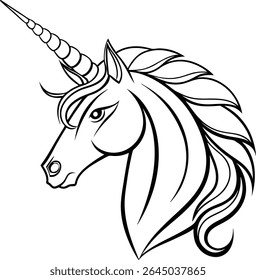 Ilustração Elegante do Contorno da Cabeça do Unicórnio com Mane e Chifre Fluindo