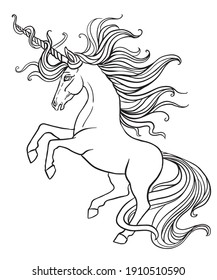 Elegant unicorn with a long mane and tail. Vector black and white illustration for coloring page. For the design of prints, posters, postcards, coloring books, stickers, tattoos,