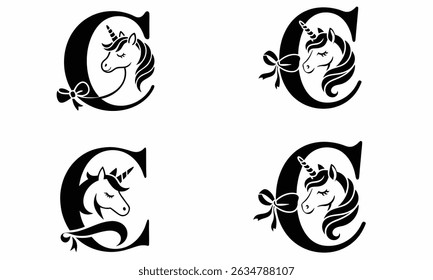 Elegant unicorn silhouettes gracefully blend with the letter 'C', creating a magical and whimsical monogram perfect for fantasy-themed designs, children’s products, or personalized branding.