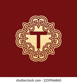 letra inicial elegante y única logotipo del emblema del alfabeto ornamento oriental T