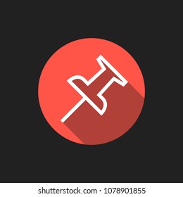 Elegant Universal White Minimalistic Thin Line Tack Icon with Shadows on Circular Color Button on Black Background 